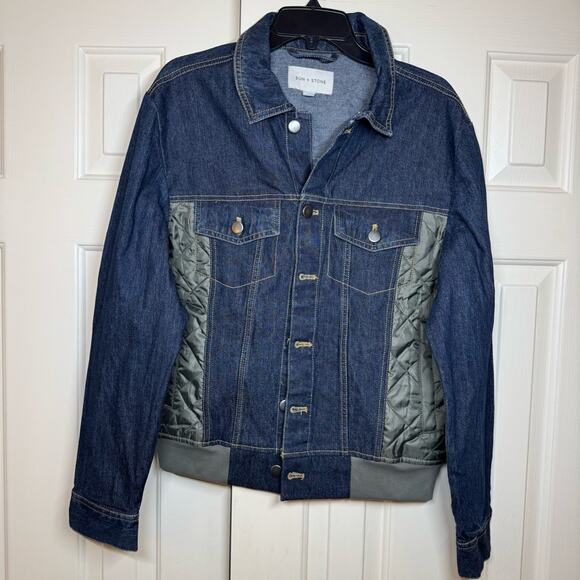 NWOT Sun + Stone Mix-Media Trucker Jacket Quilted Panels Men’s Small - Picture 1 of 9